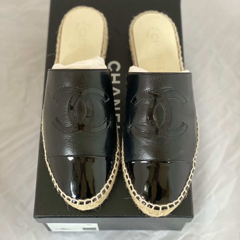 Chanel Goatskin Patent Calfskin CCEspadrilleMules